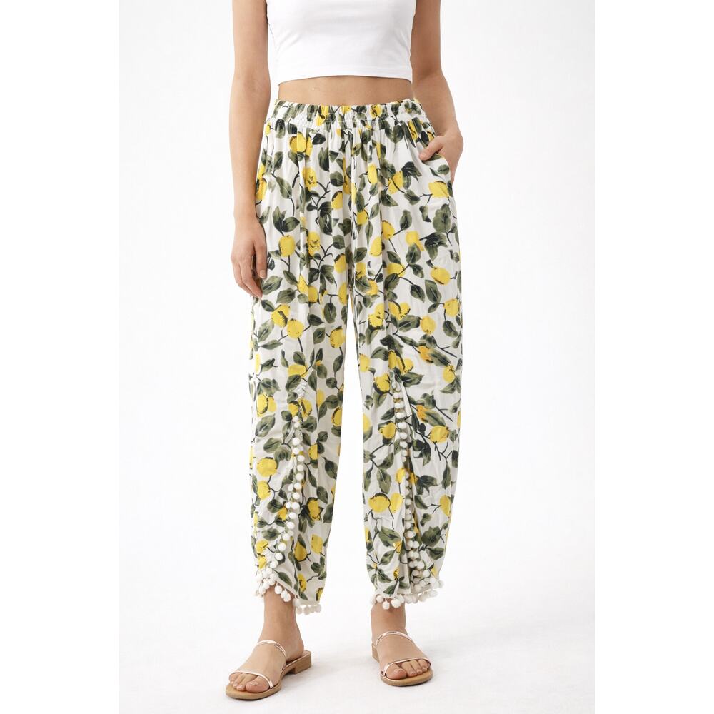 Solitaire Swim Lemon Print Pull On Beach Pants Yellow Green Large